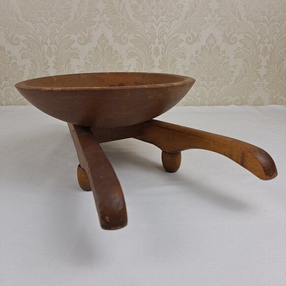 Wooden Wheelbarrow Fruit Bowl Centerpiece Lady with Floral Painting Mid-Century - Picture 11 of 13